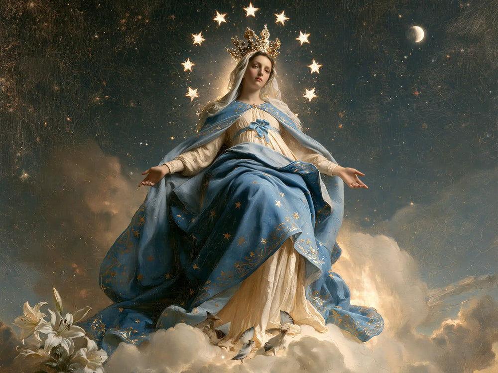 Mary as Queen of Heaven in a symbolist composition in Symbolist style, landscape Christian artwork no. 3
