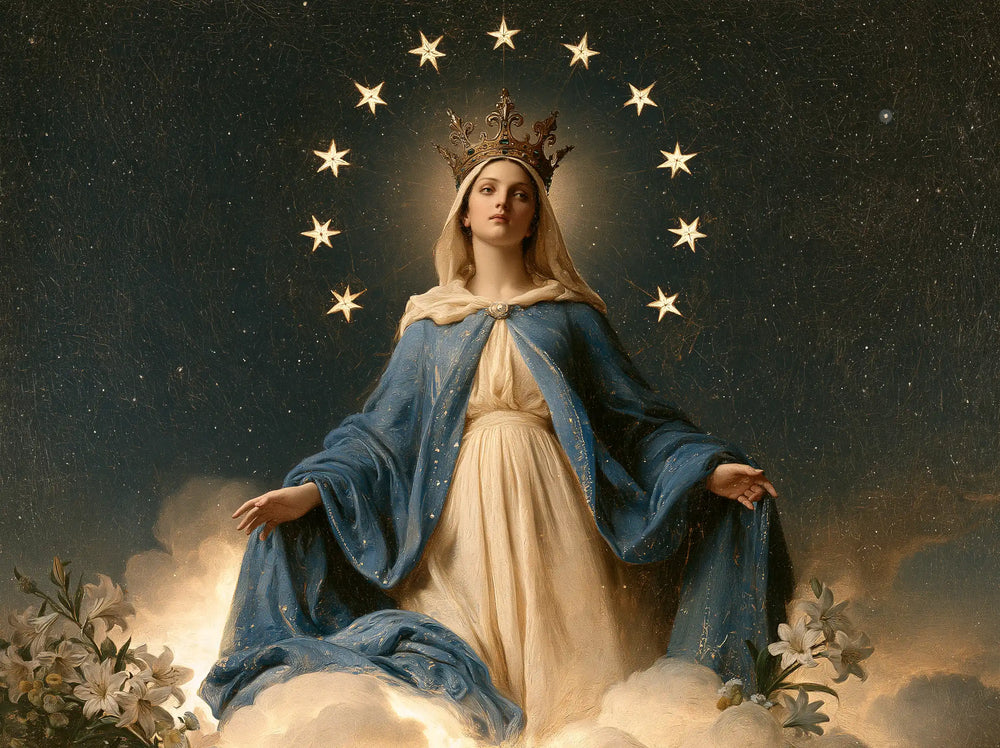 Mary as Queen of Heaven in a symbolist composition in Symbolist style, landscape Christian artwork no. 4