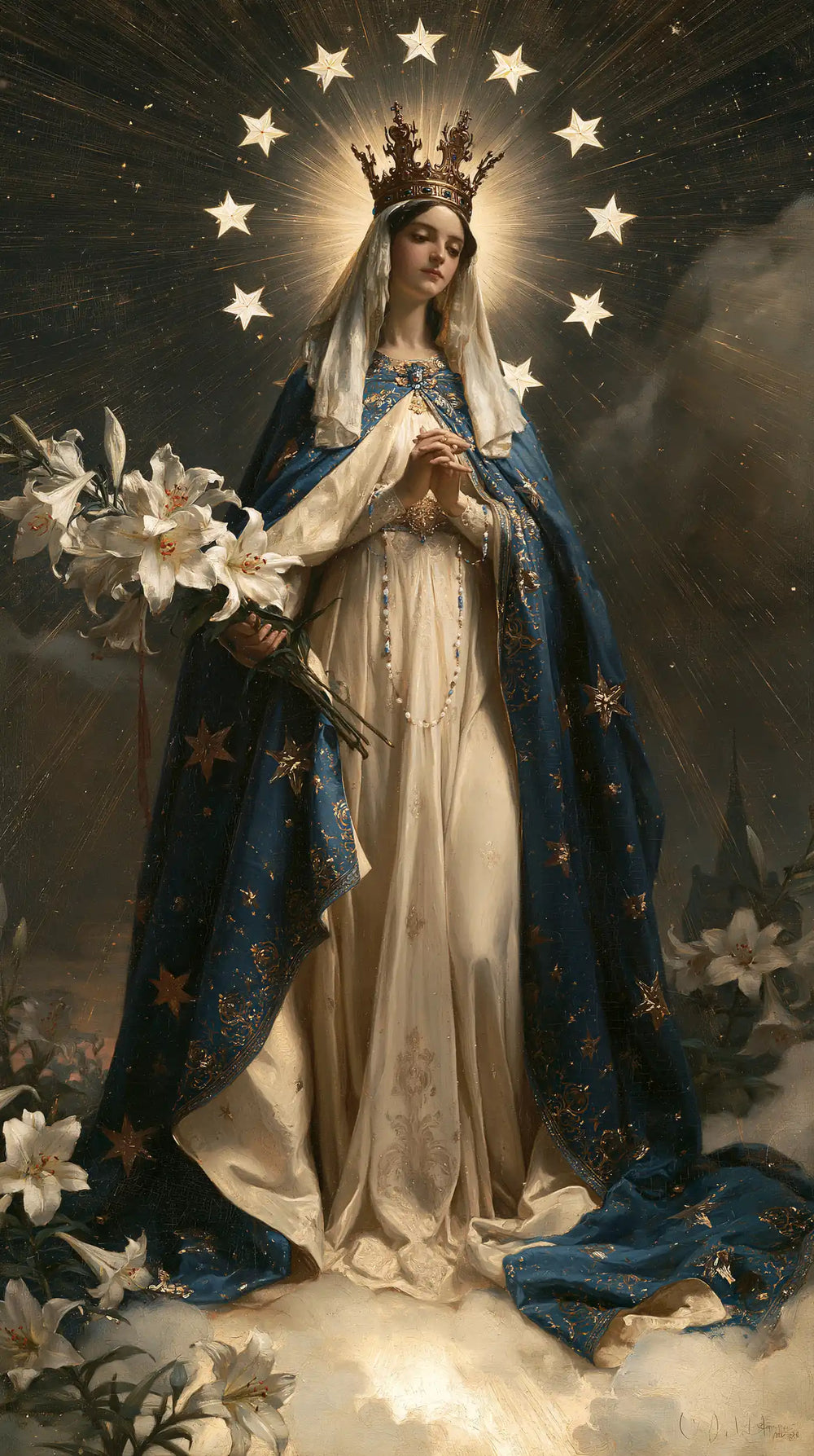 Mary as Queen of Heaven in a symbolist composition in Symbolist style, portrait Christian artwork no. 2