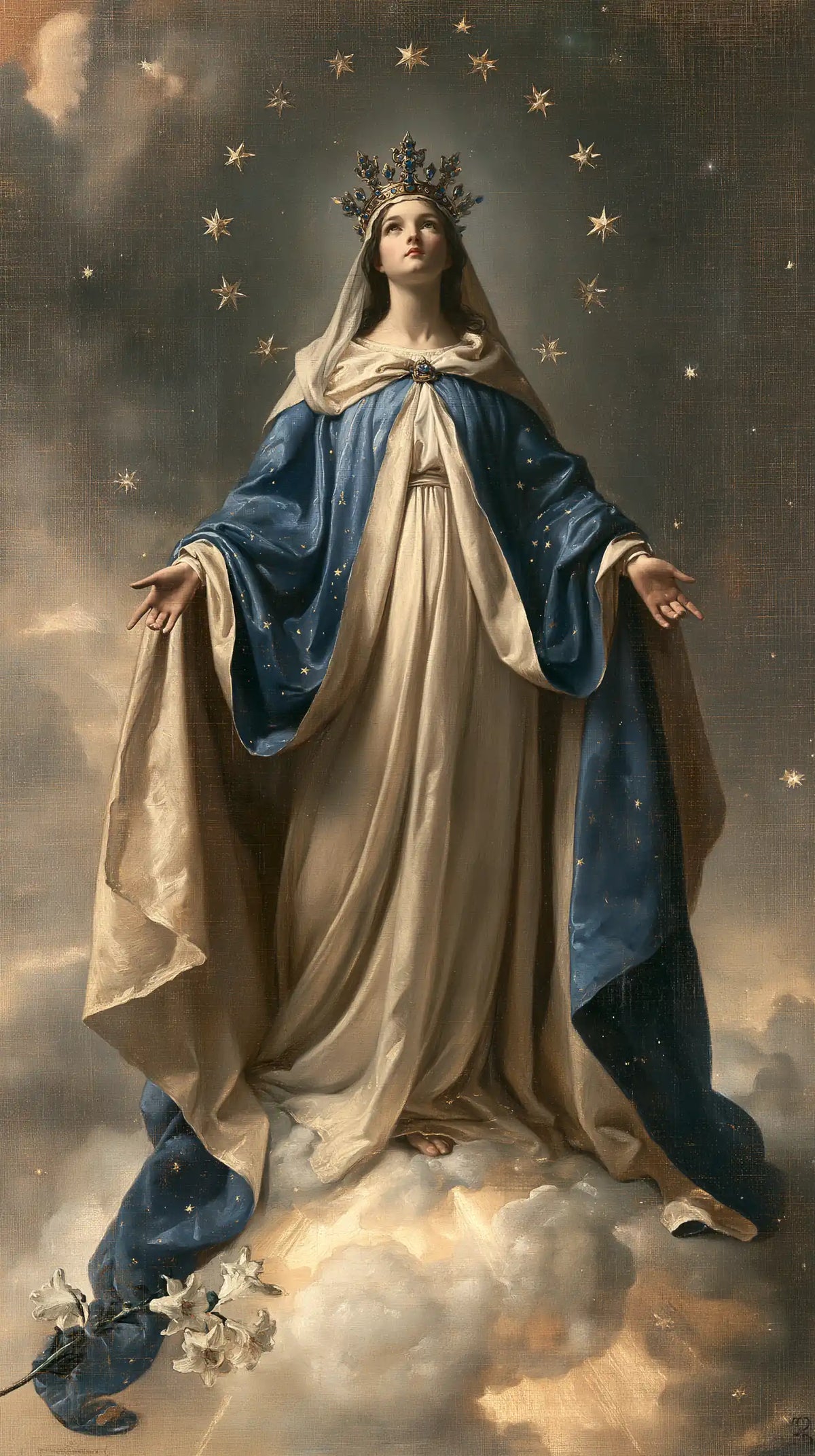 Mary as Queen of Heaven in a symbolist composition in Symbolist style, portrait Christian artwork no. 5