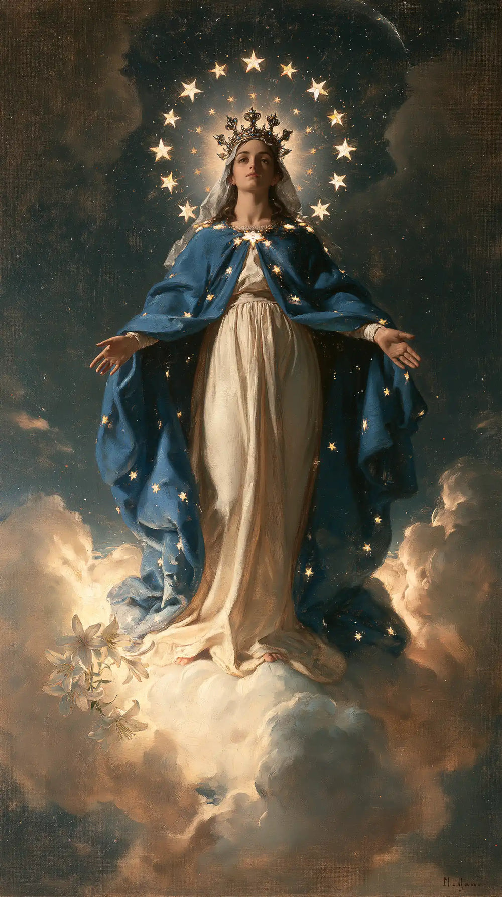 Mary as Queen of Heaven in a symbolist composition in Symbolist style, portrait Christian artwork no. 16