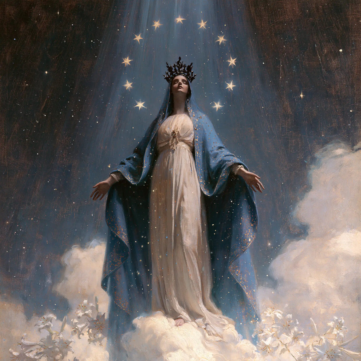 Mary as Queen of Heaven in a symbolist composition in Symbolist style, square Christian artwork no. 1