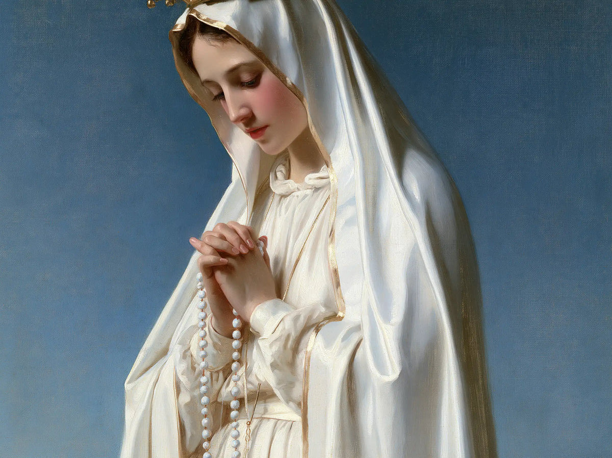 Our Lady of Fatima – Ivory Veil in Soft Blue Light