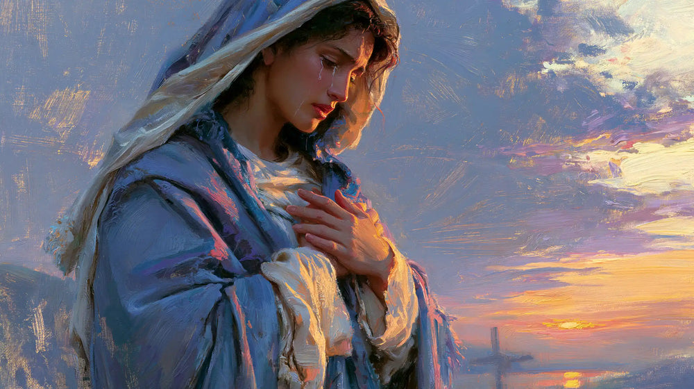 Our Lady of Sorrows in an impressionist atmosphere in Impressionist style, landscape Christian artwork no. 17
