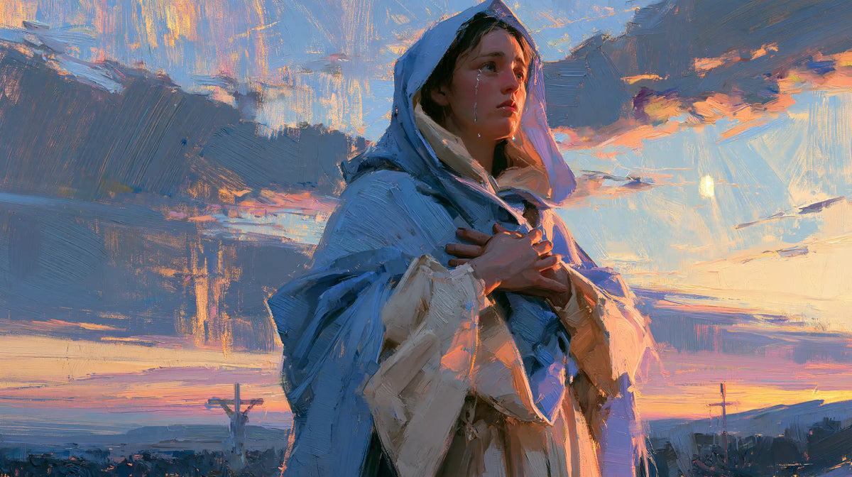 Our Lady of Sorrows in an impressionist atmosphere in Impressionist style, landscape Christian artwork no. 18