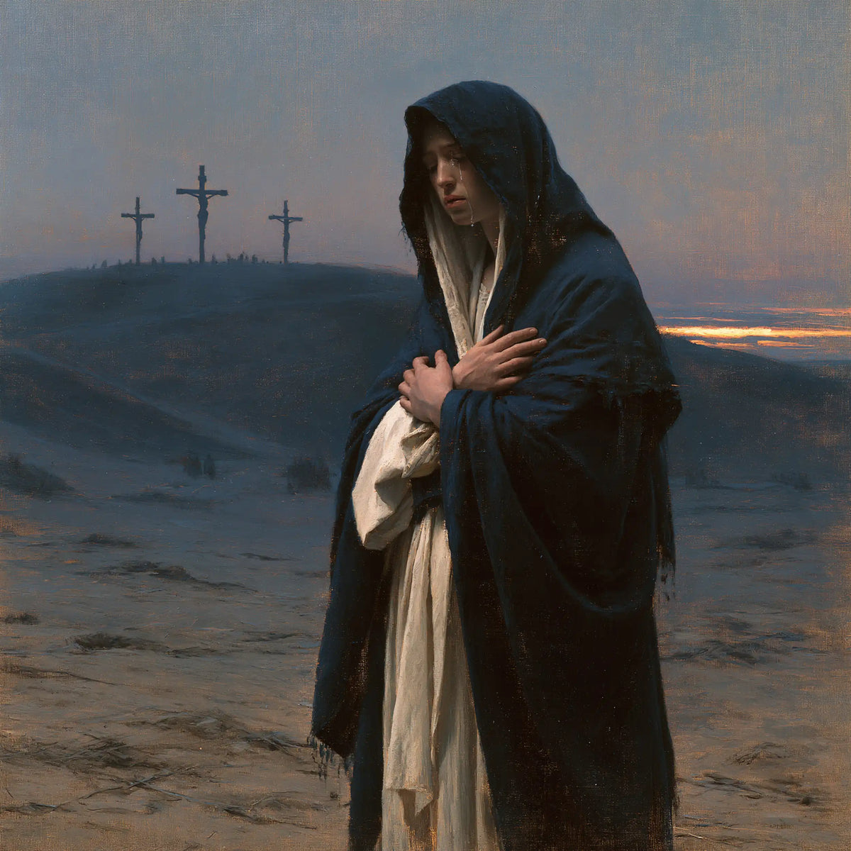 Mary before the deserted Golgotha in Mary before the Deserted Golgotha style, square Christian artwork no. 1