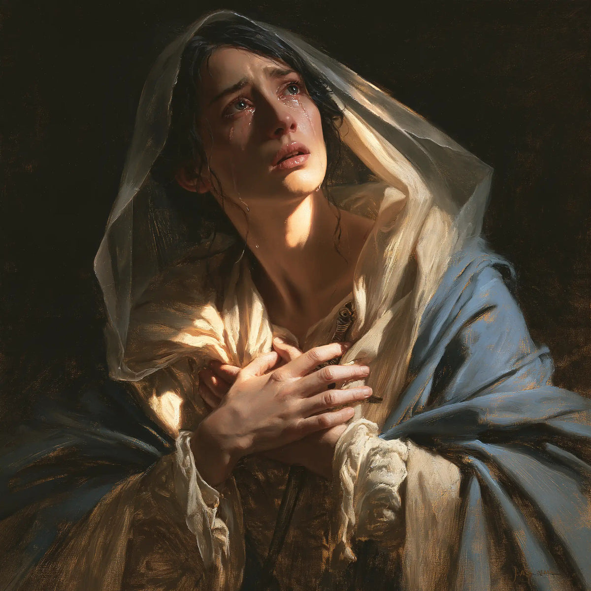 Our Lady of Sorrows clasping her heart in Mary Clasping Her Heart style, square Christian artwork no. 3
