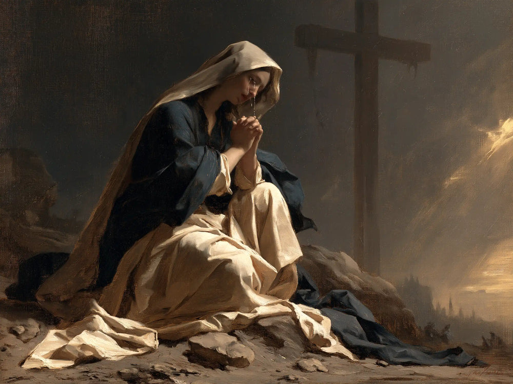Mary kneeling before the Cross in Mary Kneeling before the Cross style, landscape Christian artwork no. 4