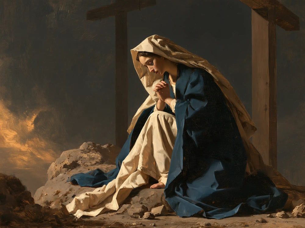 Mary kneeling before the Cross in Mary Kneeling before the Cross style, landscape Christian artwork no. 7