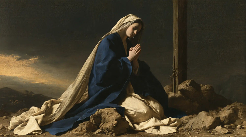 Mary kneeling before the Cross in Mary Kneeling before the Cross style, landscape Christian artwork no. 10