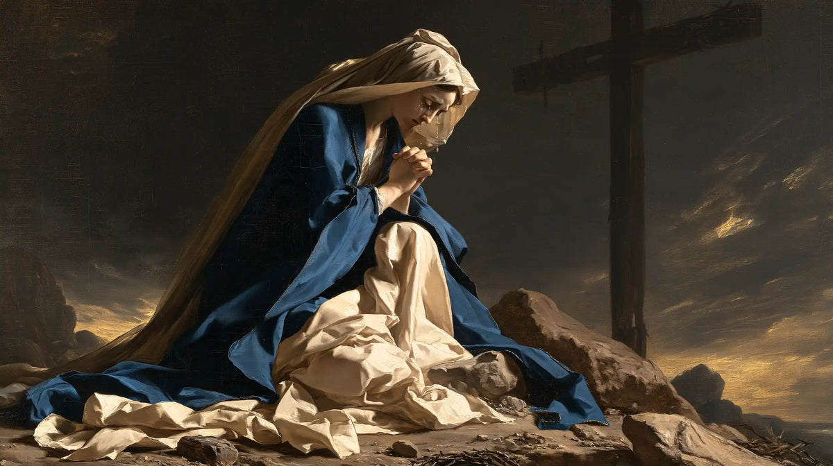 Mary kneeling before the Cross in Mary Kneeling before the Cross style, landscape Christian artwork no. 11