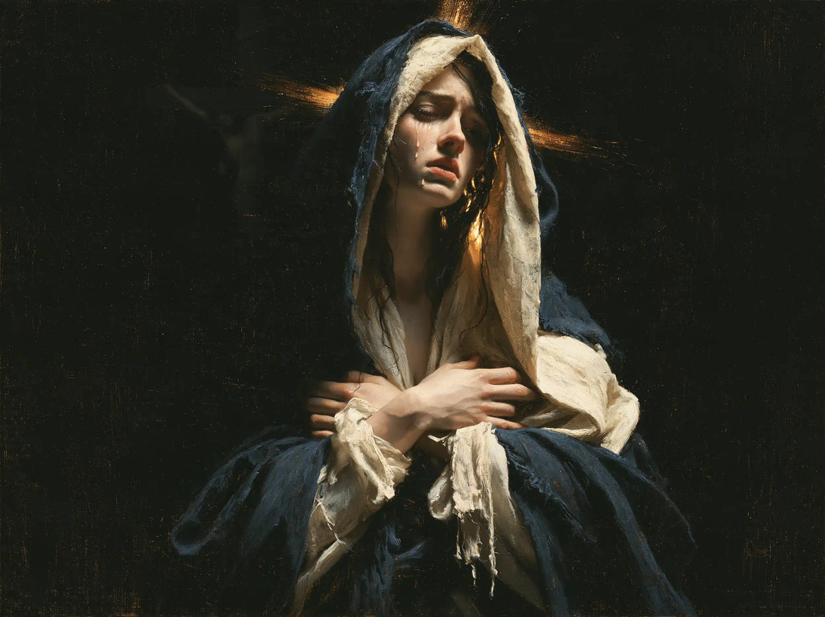 Mary as a light within sorrow in Mary as Light in Sorrow style, landscape Christian artwork no. 3