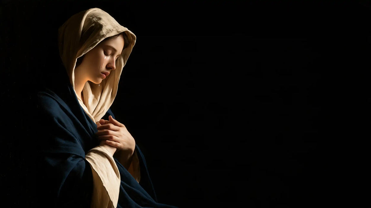 Mary as a light within sorrow in Mary as Light in Sorrow style, landscape Christian artwork no. 14