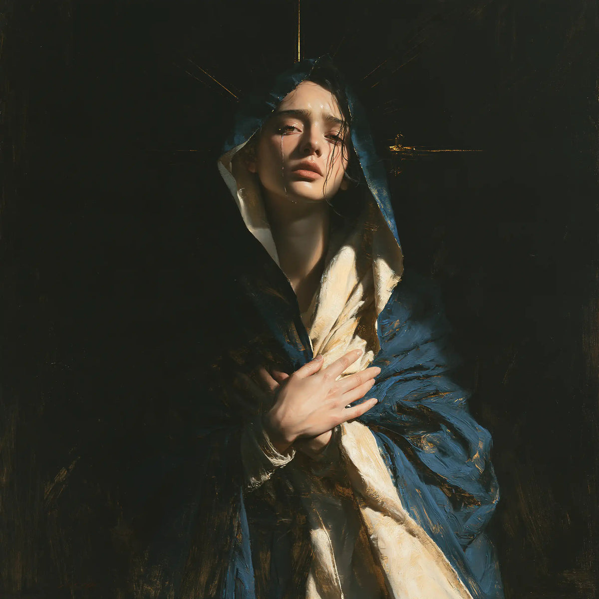 Mary as a light within sorrow in Mary as Light in Sorrow style, square Christian artwork no. 5