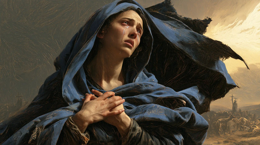 Mary experiencing profound maternal sorrow in Profound Maternal Sorrow style, landscape Christian artwork no. 16