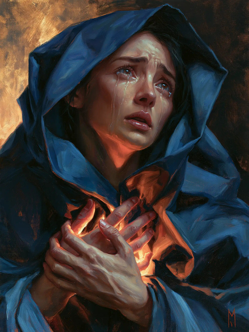 Mary experiencing profound maternal sorrow in Profound Maternal Sorrow style, portrait Christian artwork no. 20