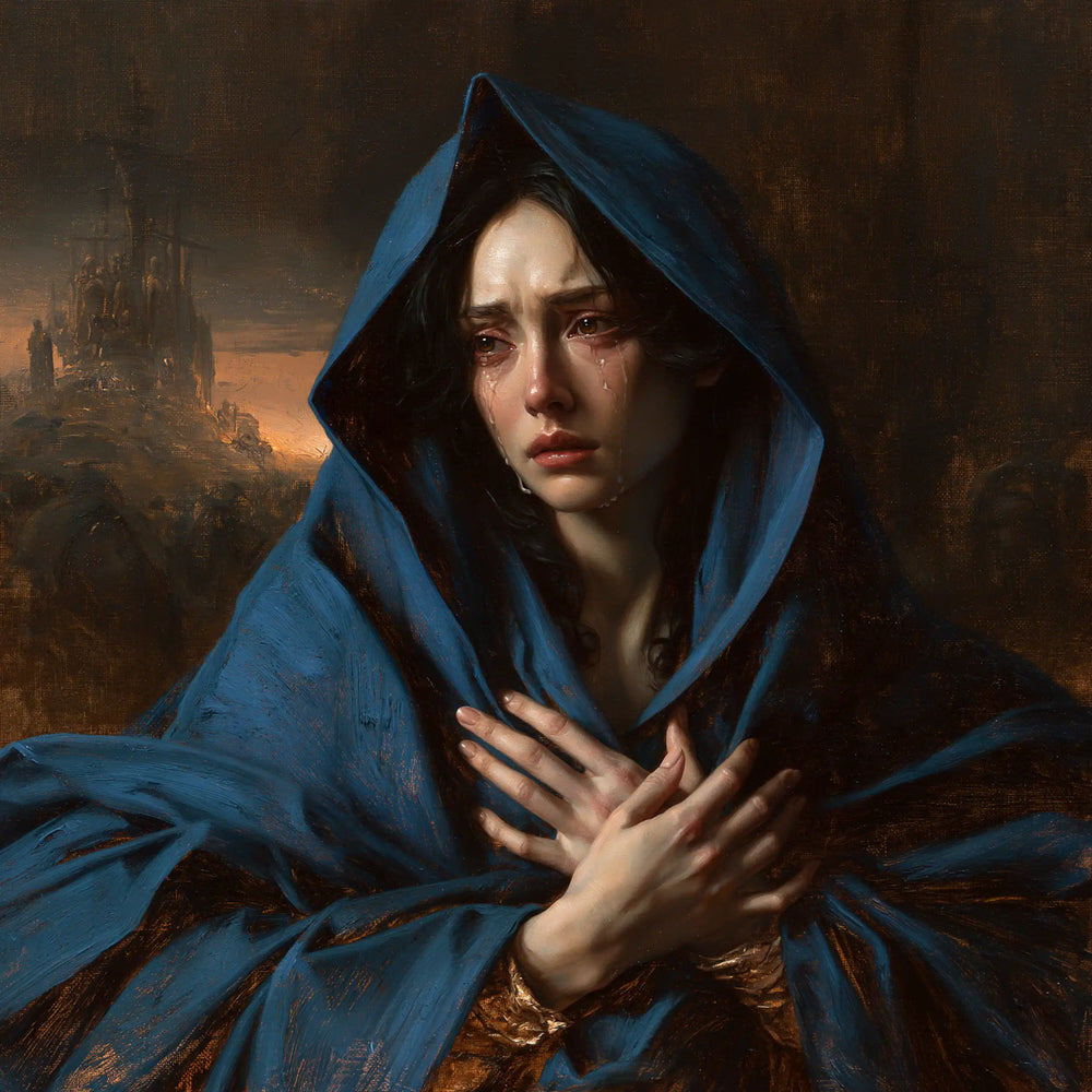 Mary experiencing profound maternal sorrow in Profound Maternal Sorrow style, square Christian artwork no. 11
