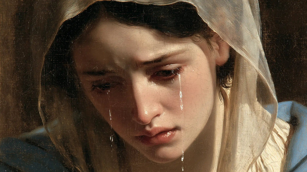 a close portrait of Our Lady of Sorrows in Psychological Close-Up style, landscape Christian artwork no. 6