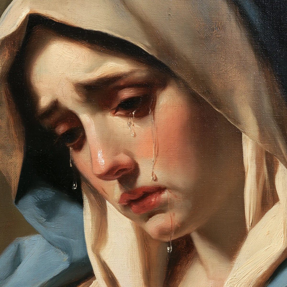 a close portrait of Our Lady of Sorrows in Psychological Close-Up style, square Christian artwork no. 3