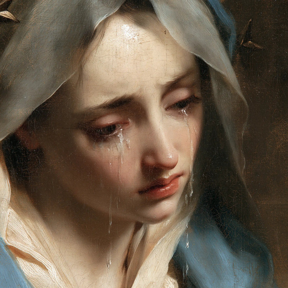 a close portrait of Our Lady of Sorrows in Psychological Close-Up style, square Christian artwork no. 4