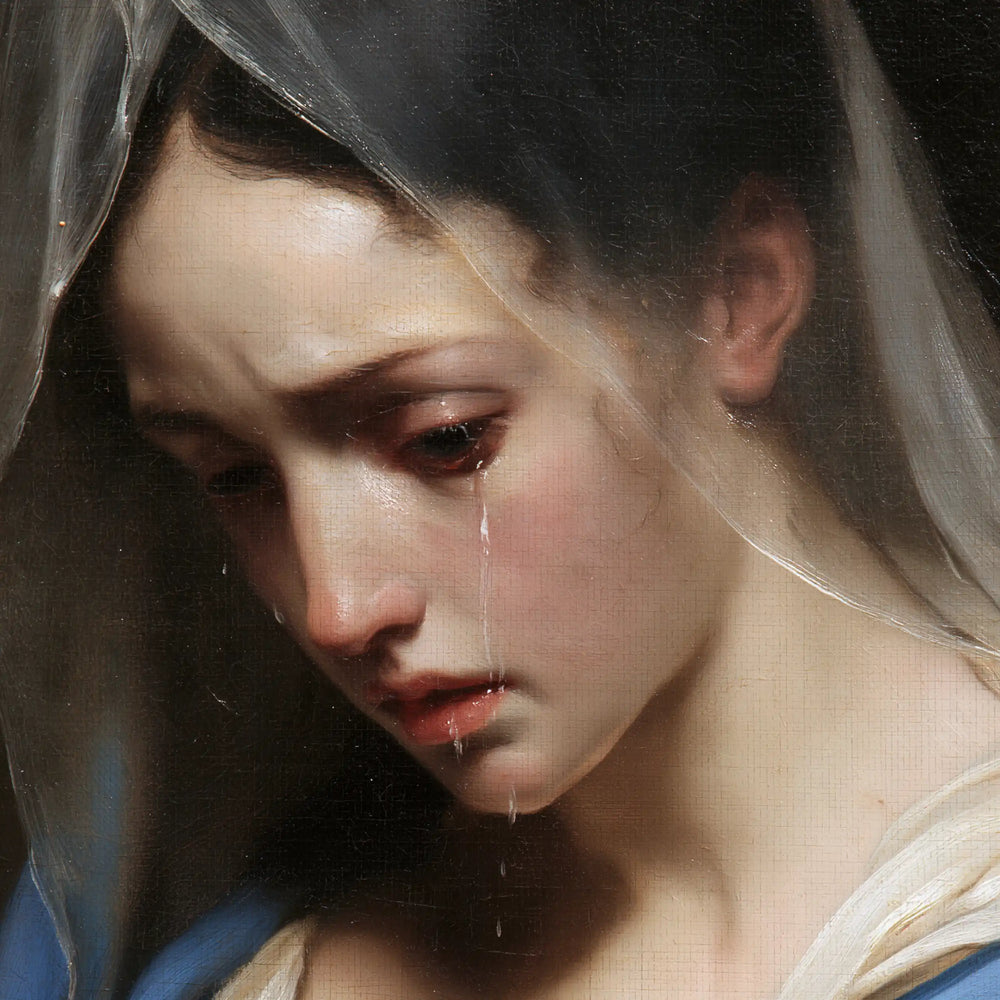 a close portrait of Our Lady of Sorrows in Psychological Close-Up style, square Christian artwork no. 5