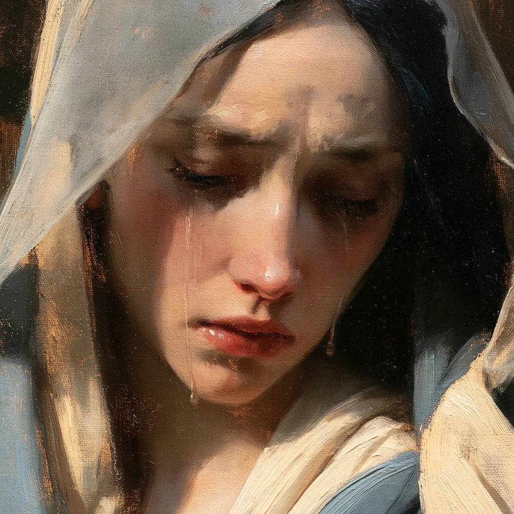 a close portrait of Our Lady of Sorrows in Psychological Close-Up style, square Christian artwork no. 7