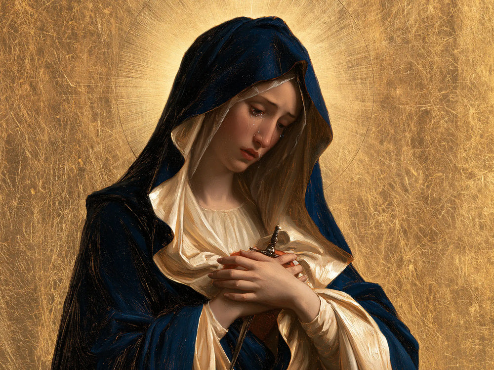 Our Lady of Sorrows in sacred golden light in Sacred Gold style, landscape Christian artwork no. 1