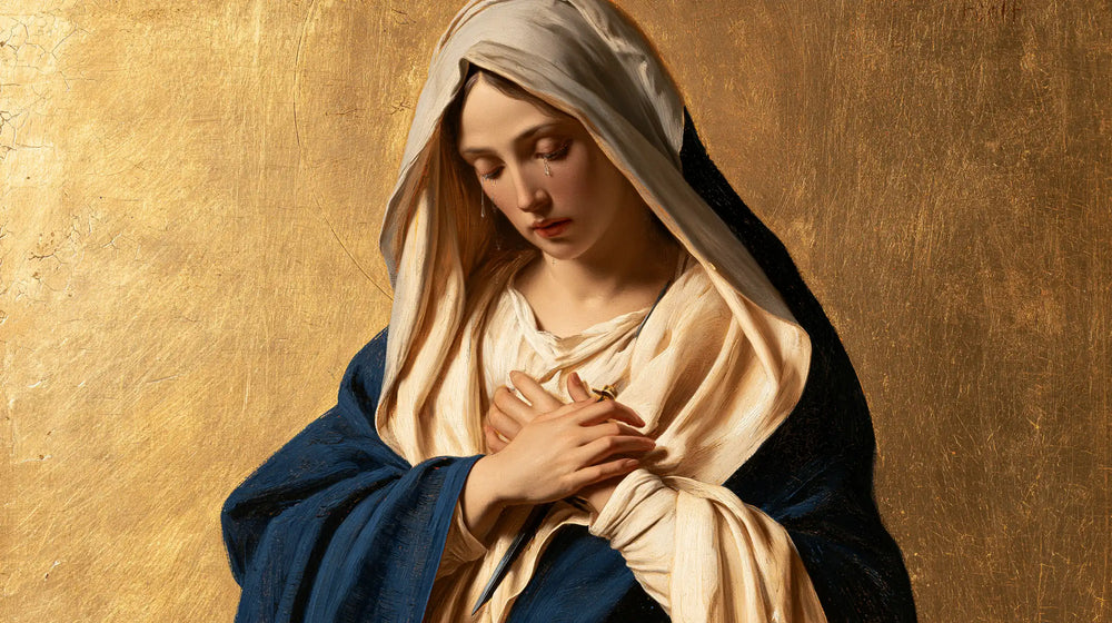 Our Lady of Sorrows in sacred golden light in Sacred Gold style, landscape Christian artwork no. 8