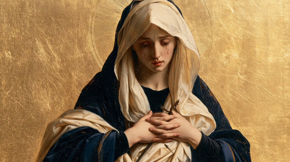 Our Lady of Sorrows in sacred golden light in Sacred Gold style, landscape Christian artwork no. 12