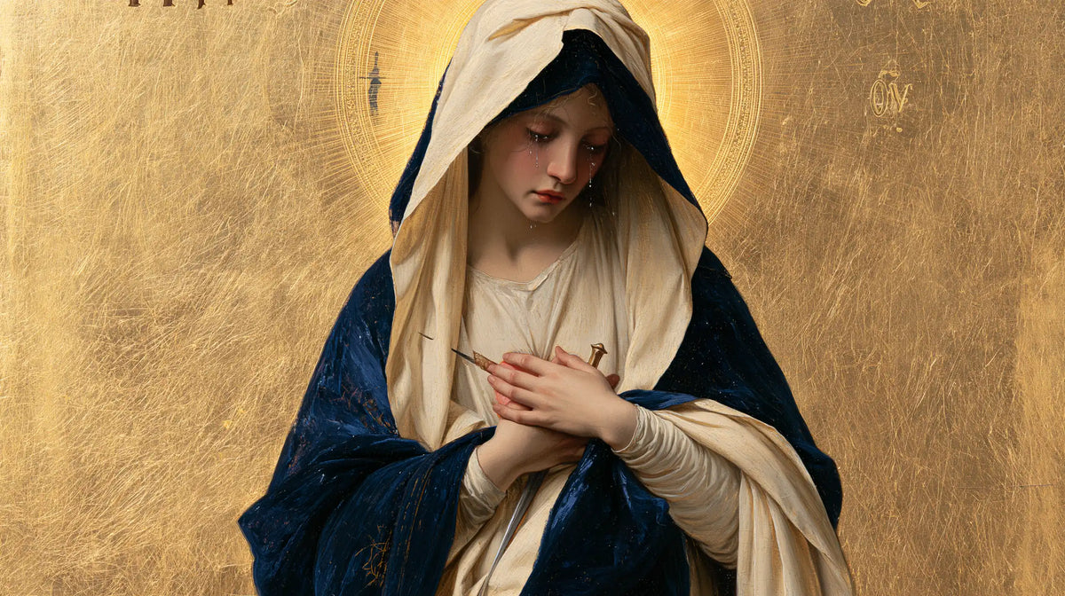 Our Lady of Sorrows in sacred golden light in Sacred Gold style, landscape Christian artwork no. 15