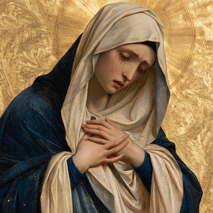 Our Lady of Sorrows — The Resting Gaze within the Engraved Halo
