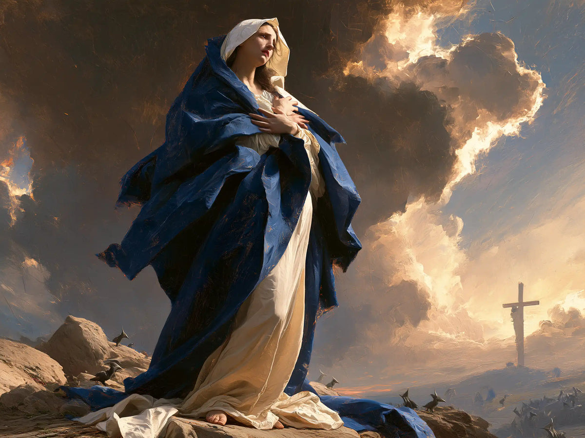 Our Lady of Sorrows in a monumental sacred view in Sacred Monumental View style, landscape Christian artwork no. 1