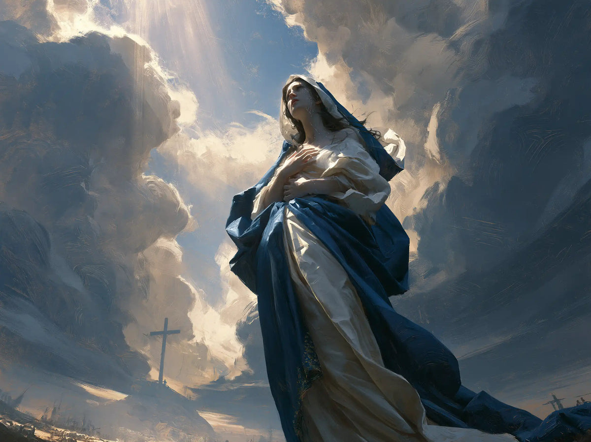 Our Lady of Sorrows in a monumental sacred view in Sacred Monumental View style, landscape Christian artwork no. 3
