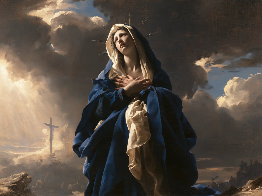 Our Lady of Sorrows in a monumental sacred view in Sacred Monumental View style, landscape Christian artwork no. 5