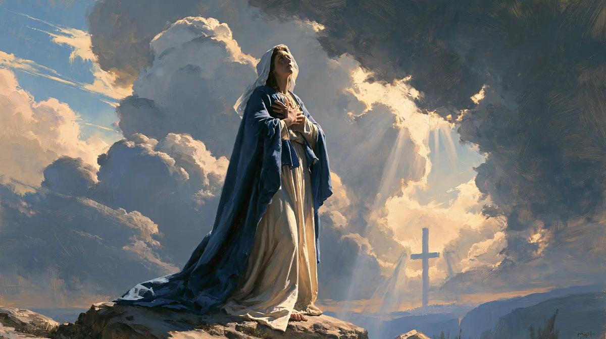Our Lady of Sorrows in a monumental sacred view in Sacred Monumental View style, landscape Christian artwork no. 9