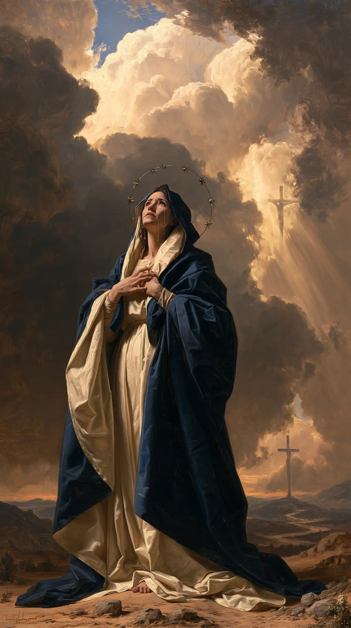 Our Lady of Sorrows in a monumental sacred view in Sacred Monumental View style, portrait Christian artwork no. 6