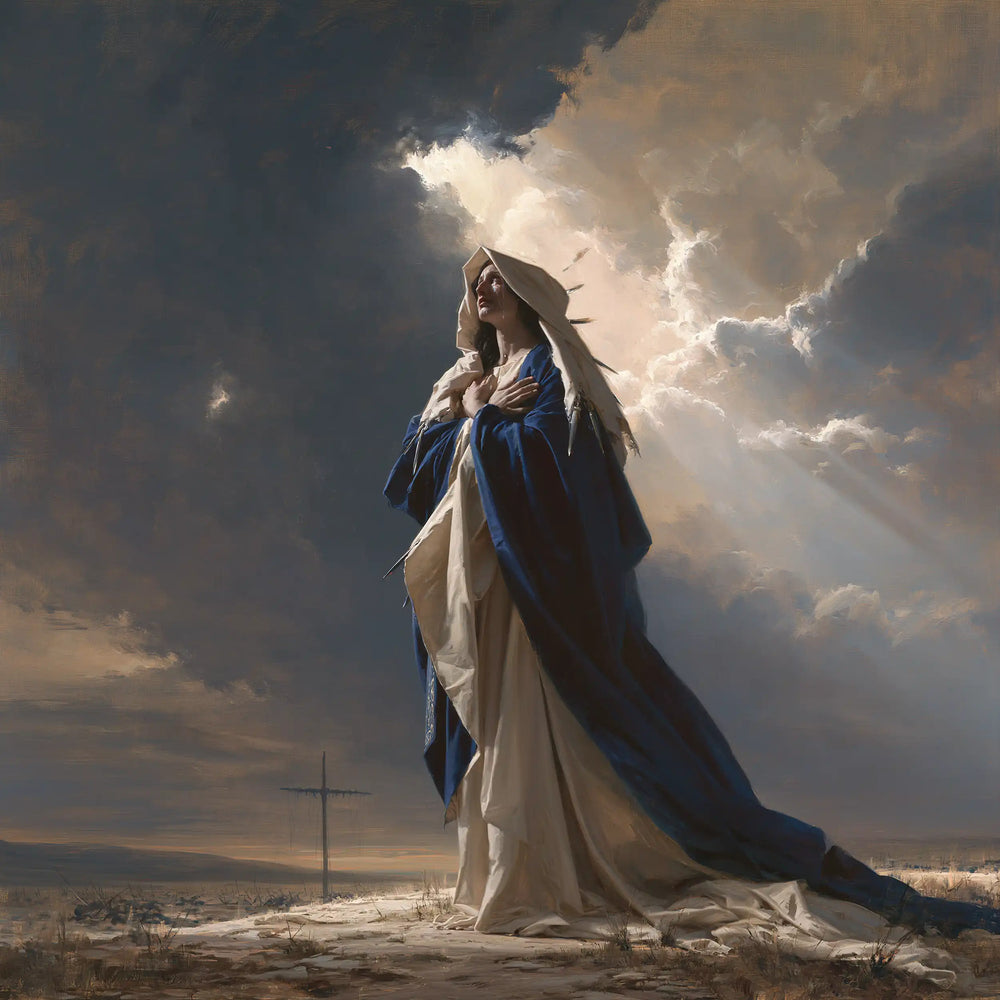 Our Lady of Sorrows in a monumental sacred view in Sacred Monumental View style, square Christian artwork no. 1