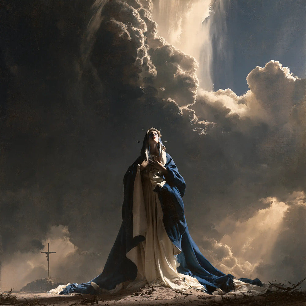 Our Lady of Sorrows in a monumental sacred view in Sacred Monumental View style, square Christian artwork no. 8