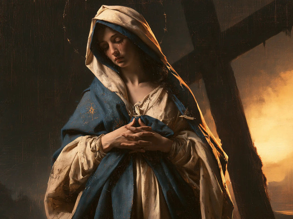 Our Lady of Sorrows between grief and hope in Sorrow and Hope style, landscape Christian artwork no. 4