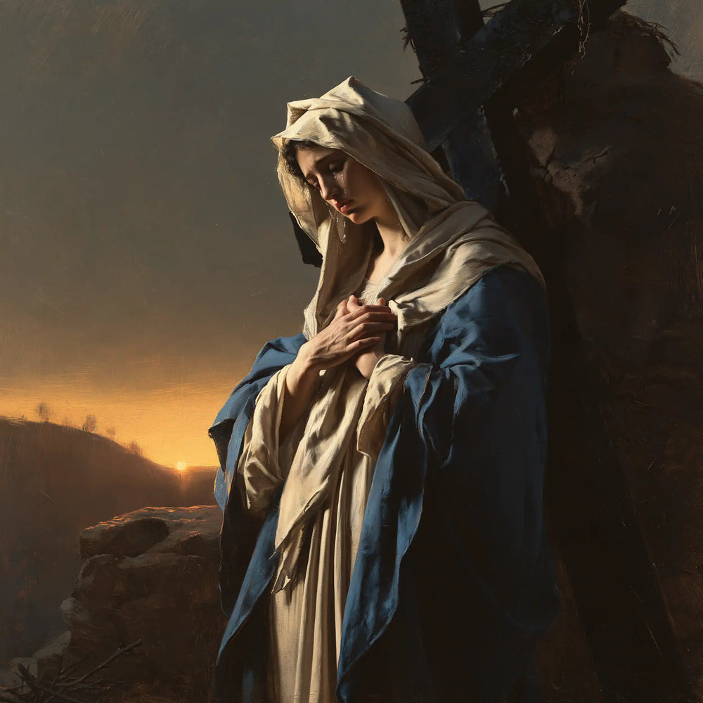 Our Lady of Sorrows between grief and hope in Sorrow and Hope style, square Christian artwork no. 4