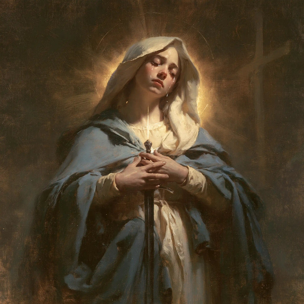 Our Lady of Sorrows with the Sword of Simeon in The Sword of Simeon style, square Christian artwork no. 2