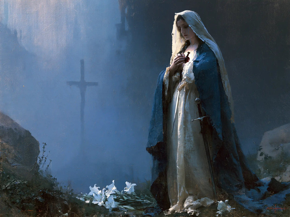 Our Lady of Sorrows in a symbolist composition in Symbolist style, landscape Christian artwork no. 4