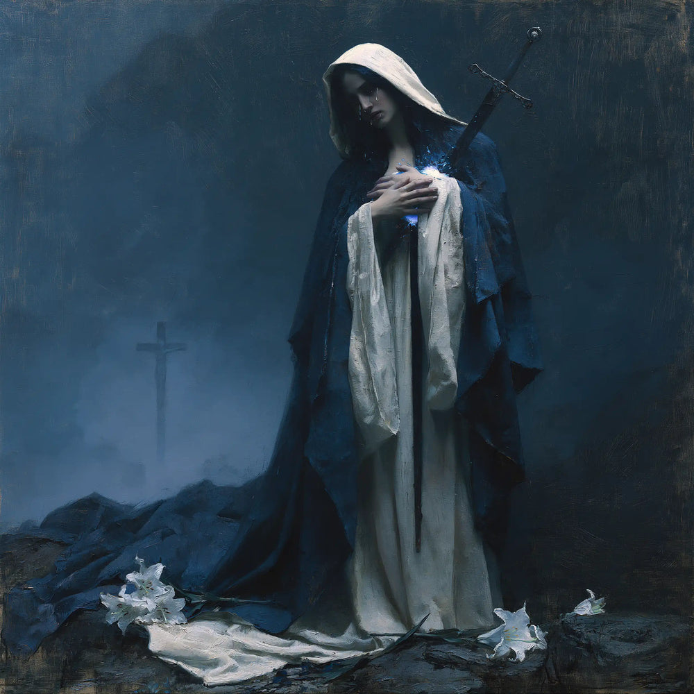Our Lady of Sorrows in a symbolist composition in Symbolist style, square Christian artwork no. 6