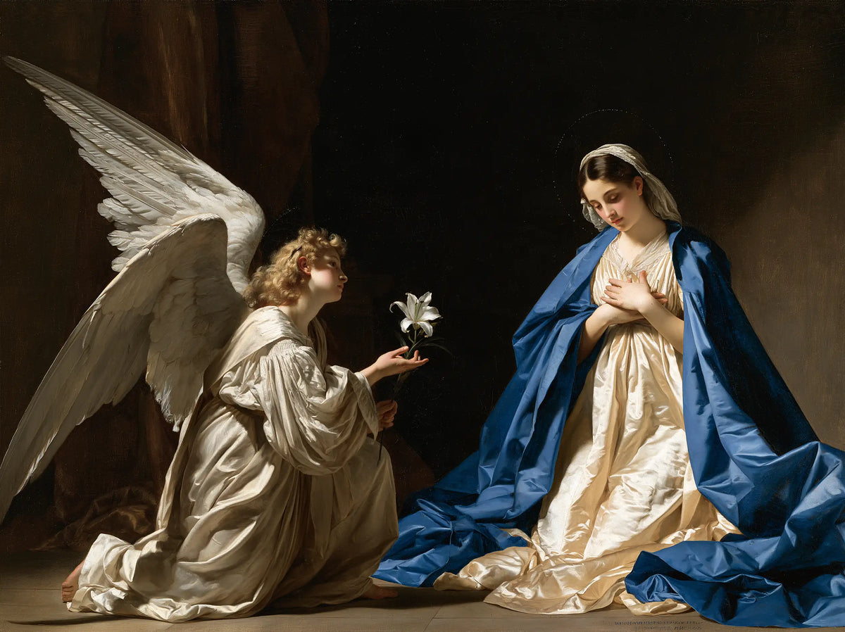 Quiet Annunciation in the Deep Brown Interior – Caravaggio-Inspired Tenebrist Art · Landscape