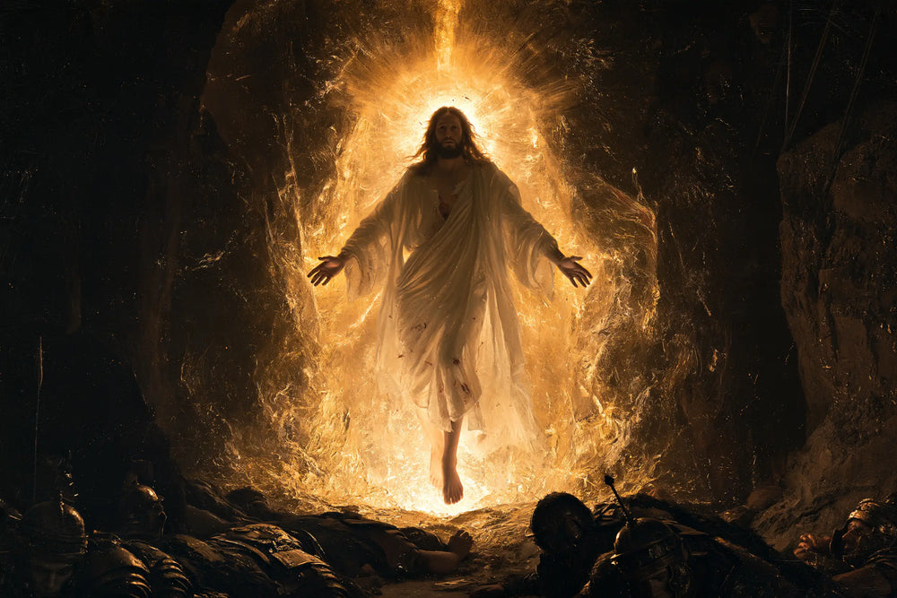 Resurrection of Jesus Christ in Black and Gold style, landscape Christian artwork no. 10