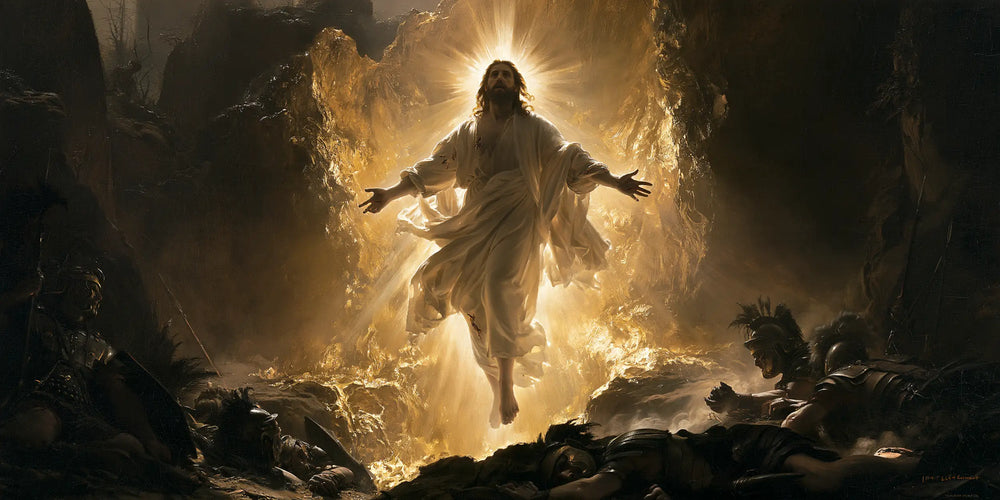 Resurrection of Jesus Christ in Black and Gold style, landscape Christian artwork no. 14