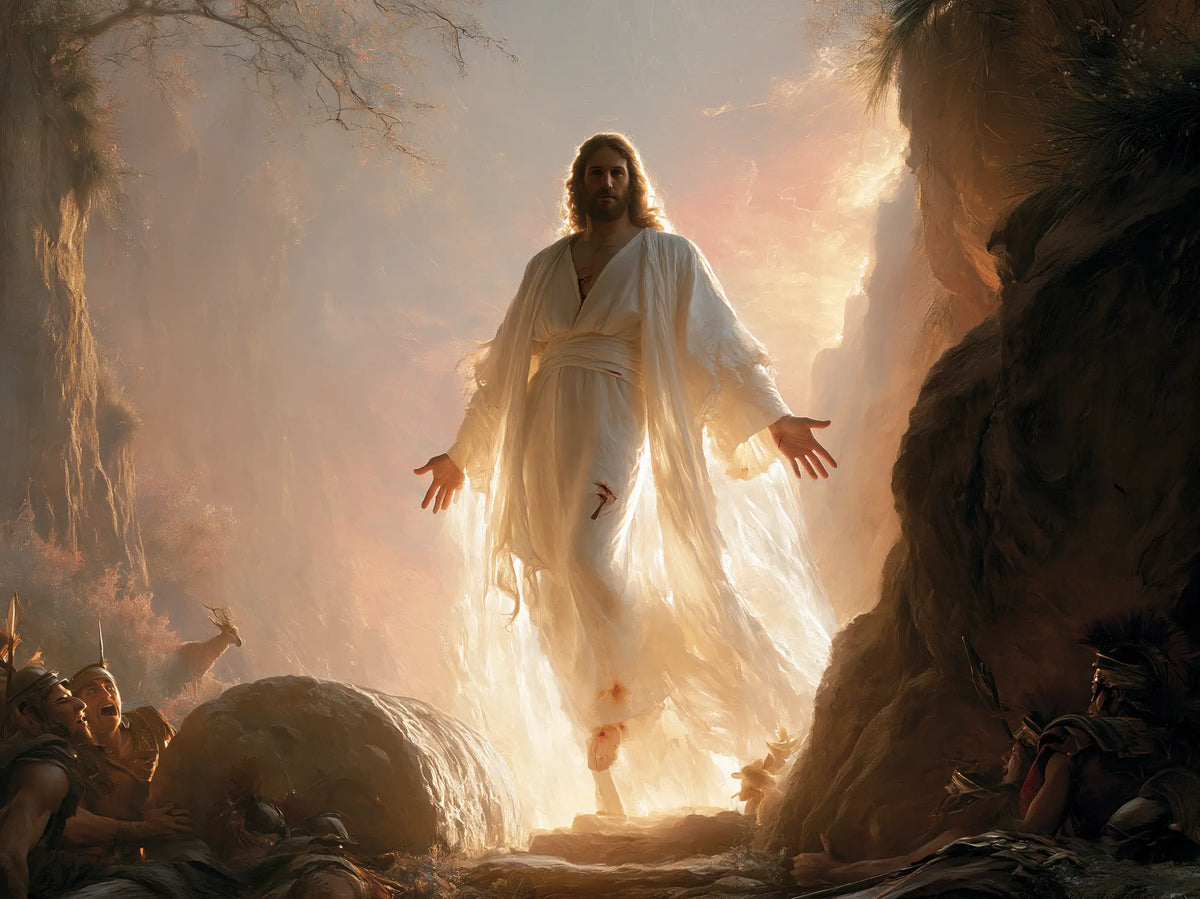 Resurrection of Jesus Christ in Divine Light style, landscape Christian artwork no. 10