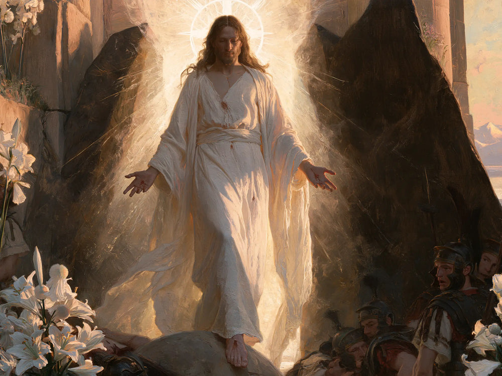 Resurrection of Jesus Christ in Expressionist style, landscape Christian artwork no. 8