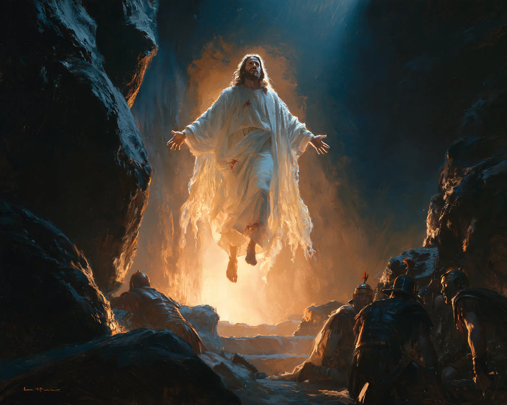 Resurrection of Jesus Christ in Midnight-blue Chiaroscuro style, landscape Christian artwork no. 8