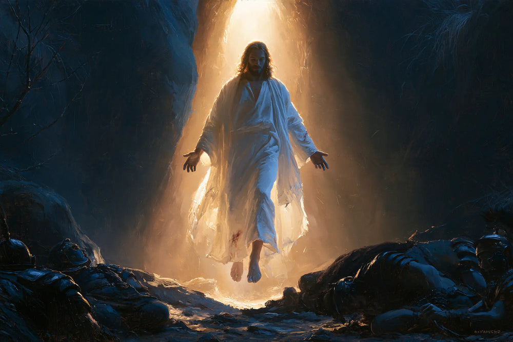 Resurrection of Jesus Christ in Midnight-blue Chiaroscuro style, landscape Christian artwork no. 16
